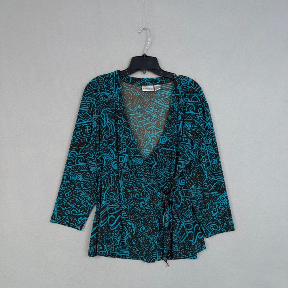Chico's Skirt Set Womens 3 Teal Abstract Geometric 2 Piece Wrap Top Maxi Boho - Picture 5 of 13